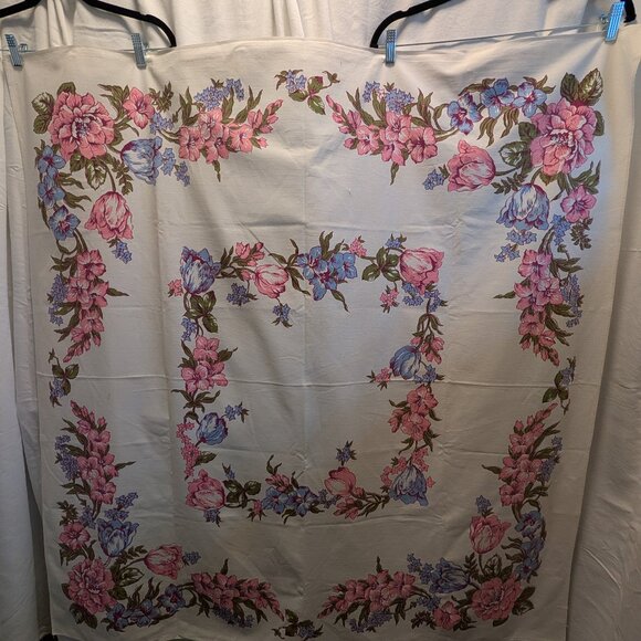 Vintage Tablecloth with Pink and Blue Flowers - Picture 1 of 5